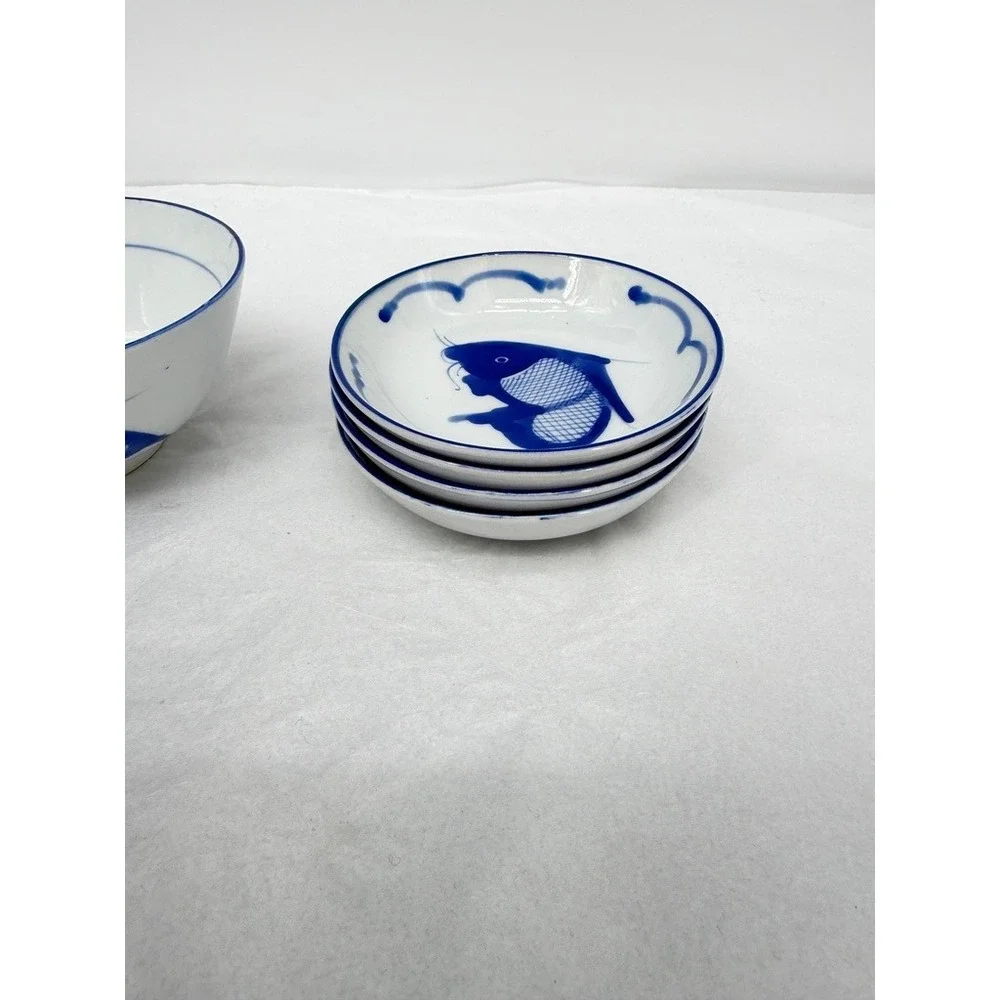 Chinese Koi Fish Carp Ceramic Rice Dipping Bowl SET of 5 Piece Asian Serverware